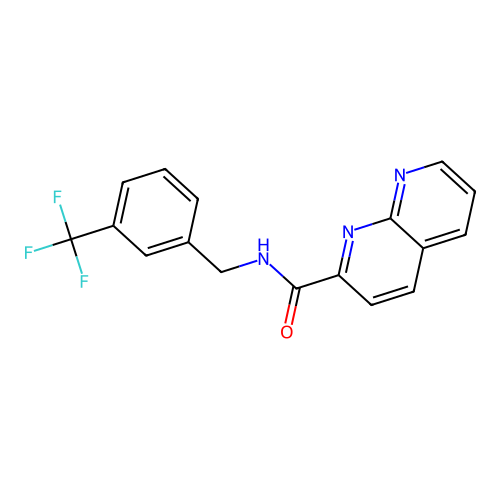 N-[[3-(trifluoromethyl)phenyl]methyl]-1,8-naphthyridine-2-carboxamide structure