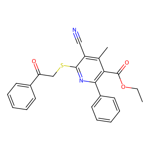 ethyl 5-cyano-4-methyl-6-((2-oxo-2-phenylethyl)thio)-2-phenylnicotinate structure