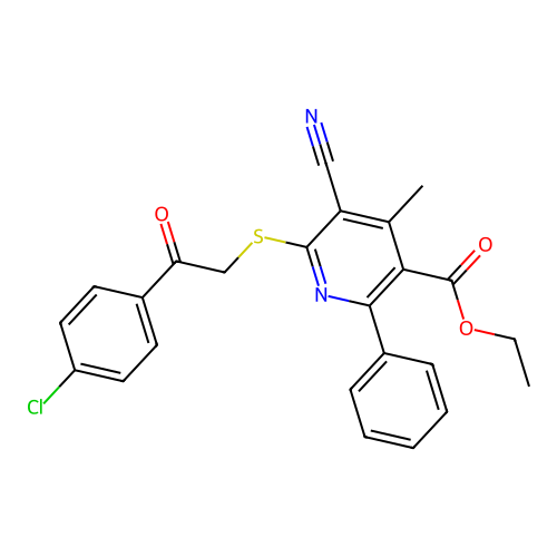 ethyl 6-((2-(4-chlorophenyl)-2-oxoethyl)thio)-5-cyano-4-methyl-2-phenylnicotinate structure