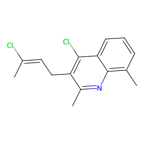 3-((2E)-3-chlorobut-2-enyl)-4-chloro-2,8-dimethylquinoline structure