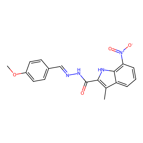 (E)-N'-(4-methoxybenzylidene)-3-methyl-7-nitro-1H-indole-2-carbohydrazide structure
