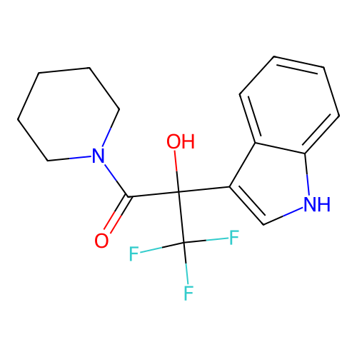 3,3,3-trifluoro-2-hydroxy-2-(1H-indol-3-yl)-1-(piperidin-1-yl)propan-1-one structure