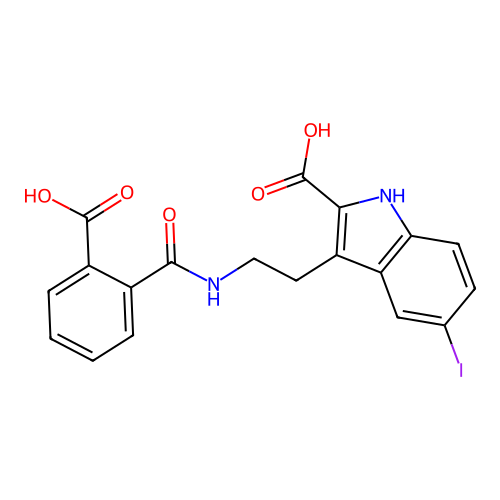 3-(2-{[(2-carboxyphenyl)carbonyl]amino}ethyl)-5-iodo-1H-indole-2-carboxylic acid structure