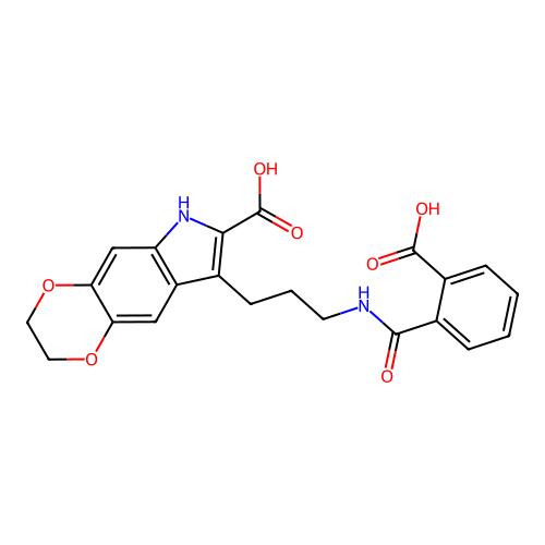 8-(3-(2-carboxybenzamido)propyl)-3,6-dihydro-2H-[1,4]dioxino[2,3-f]indole-7-carboxylic acid structure