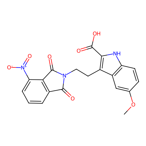 5-methoxy-3-(2-(4-nitro-1,3-dioxoisoindolin-2-yl)ethyl)-1H-indole-2-carboxylic acid structure