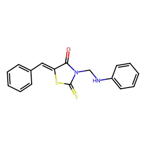 (5E)-3-(anilinomethyl)-5-benzylidene-2-sulfanylidene-1,3-thiazolidin-4-one structure