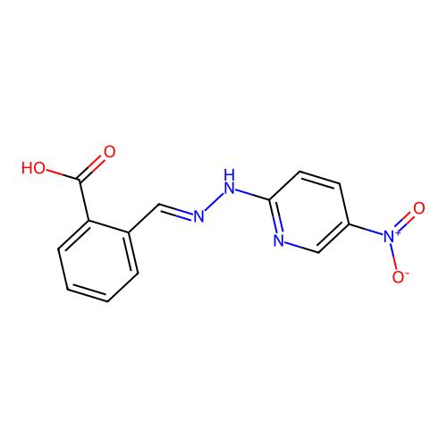 2-[(E)-[(5-nitro-2-pyridinyl)hydrazinylidene]methyl]benzoic acid structure