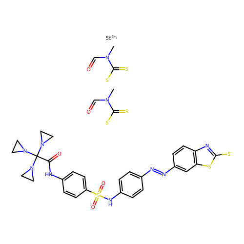 antimony(3+) formyl(methyl)carbamodithioate 6-[(e)-(4-{[(4-{[tris(aziridin-1-yl)acetyl]amino}phenyl)sulfonyl]amino}phenyl)diazenyl]-1,3-benzothiazole-2-thiolate(1:2:1) structure