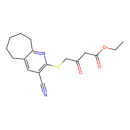 ethyl 4-[(3-cyano-6,7,8,9-tetrahydro-5H-cyclohepta[b]pyridin-2-yl)sulfanyl]-3-oxobutanoate structure