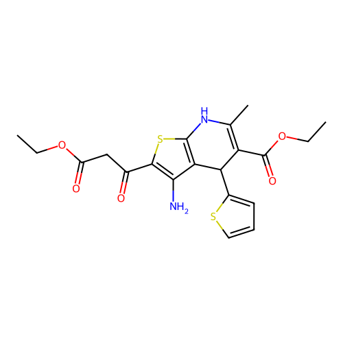 ethyl 3-amino-2-(3-ethoxy-3-oxopropanoyl)-6-methyl-4-(thiophen-2-yl)-4,7-dihydrothieno[2,3-b]pyridine-5-carboxylate structure