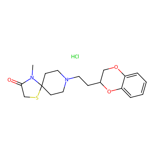 8-(1,4-Benzodioxan-2-ylethyl)-4-methyl-3-oxo-1-thia-4,8-diazaspiro(4.5)decane hydrochloride structure
