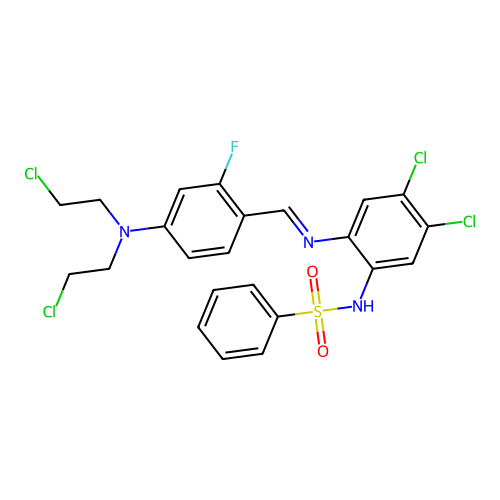 n-(2-{[(e)-{4-[bis(2-chloroethyl)amino]-2-fluorophenyl}methylidene]amino}-4,5-dichlorophenyl)benzenesulfonamide structure