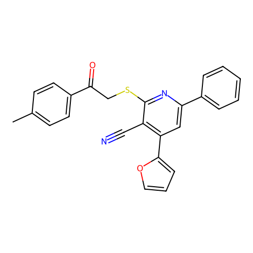 4-(furan-2-yl)-2-((2-oxo-2-(p-tolyl)ethyl)thio)-6-phenylnicotinonitrile structure