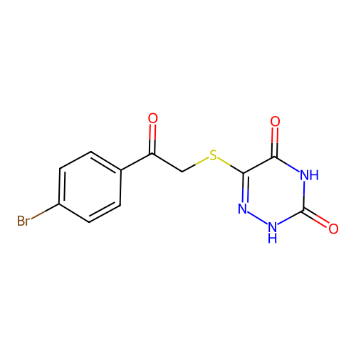 6-((2-(4-bromophenyl)-2-oxoethyl)thio)-1,2,4-triazine-3,5(2H,4H)-dione structure