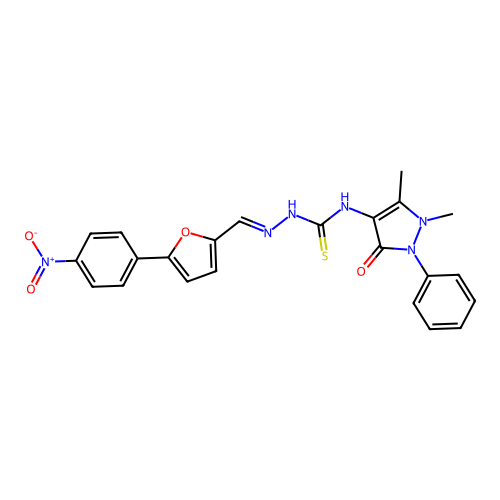 (2E)-N-(1,5-dimethyl-3-oxo-2-phenyl-2,3-dihydro-1H-pyrazol-4-yl)-2-{[5-(4-nitrophenyl)furan-2-yl]methylidene}hydrazinecarbothioamide structure