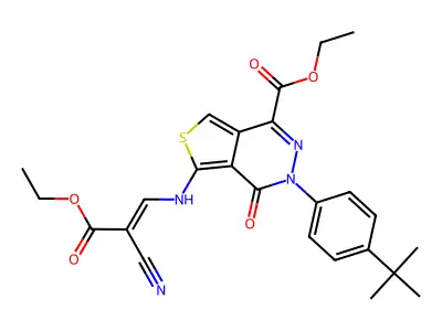 Ethyl 3-(4-(tert-butyl)phenyl)-5-((2-cyano-3-ethoxy-3-oxoprop-1-en-1-yl)amino)-4-oxo-3,4-dihydrothieno[3,4-d]pyridazine-1-carboxylate structure