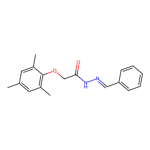 N-[(E)-benzylideneamino]-2-(2,4,6-trimethylphenoxy)acetamide structure