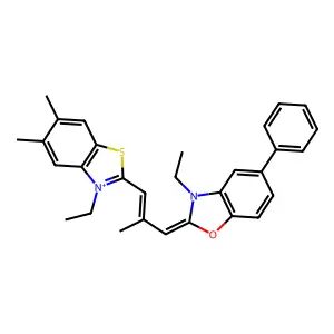 3-ethyl-2-[3-(3-ethyl-5,6-dimethyl-1,3-benzothiazol-3-ium-2-yl)-2-methylprop-2-enylidene]-5-phenyl-1,3-benzoxazole structure