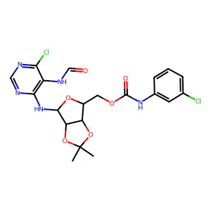 [4-[(6-chloro-5-formamidopyrimidin-4-yl)amino]-2,2-dimethyl-3a,4,6,6a-tetrahydrofuro[3,4-d][1,3]dioxol-6-yl]methyl N-(3-chlorophenyl)carbamate structure
