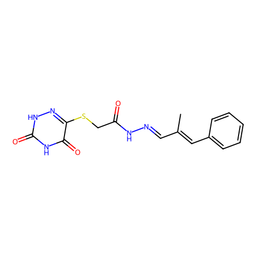 2-[(3,5-dioxo-2H-1,2,4-triazin-6-yl)sulfanyl]-N-[(E)-[(E)-2-methyl-3-phenylprop-2-enylidene]amino]acetamide structure