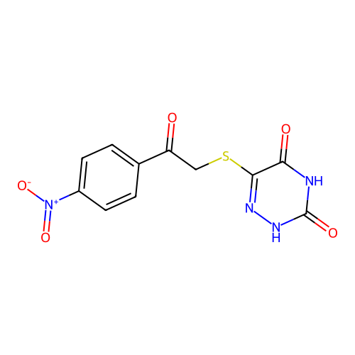 5-hydroxy-6-{[2-(4-nitrophenyl)-2-oxoethyl]sulfanyl}-1,2,4-triazin-3(2H)-one structure