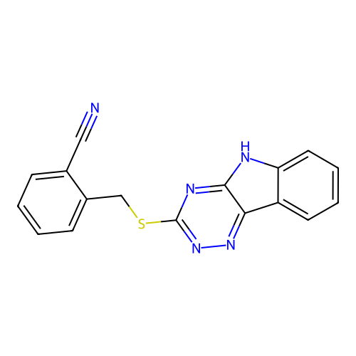 2-[(5H-[1,2,4]triazino[5,6-b]indol-3-ylsulfanyl)methyl]benzonitrile structure