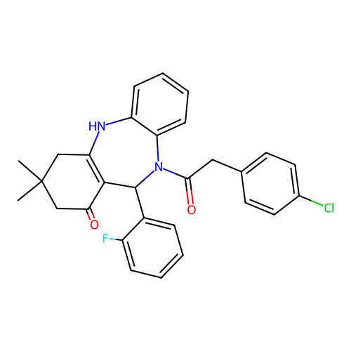 10-[(4-chlorophenyl)acetyl]-11-(2-fluorophenyl)-3,3-dimethyl-2,3,4,5,10,11-hexahydro-1H-dibenzo[b,e][1,4]diazepin-1-one structure
