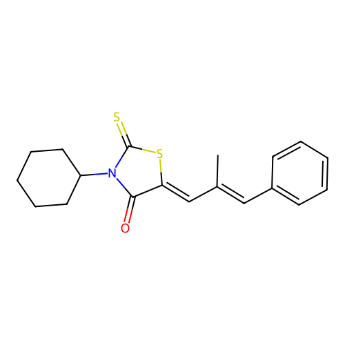 (Z)-3-cyclohexyl-5-((E)-2-methyl-3-phenylallylidene)-2-thioxothiazolidin-4-one structure
