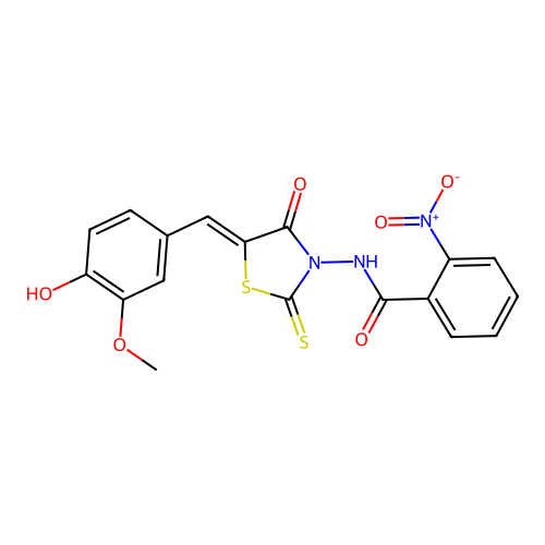 (Z)-N-(5-(4-hydroxy-3-methoxybenzylidene)-4-oxo-2-thioxothiazolidin-3-yl)-2-nitrobenzamide structure