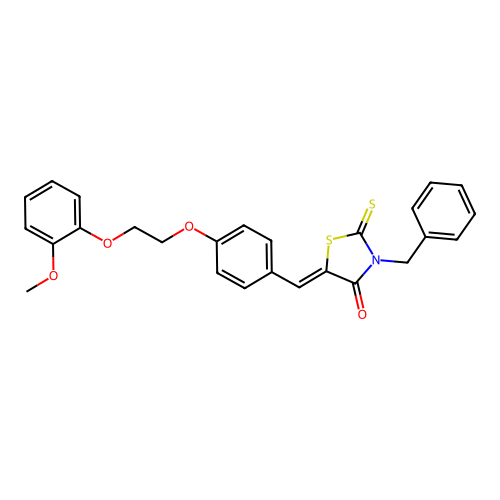 (5Z)-3-benzyl-5-{4-[2-(2-methoxyphenoxy)ethoxy]benzylidene}-2-thioxo-1,3-thiazolidin-4-one structure