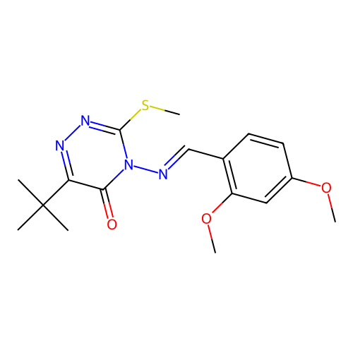 6-tert-butyl-4-[(E)-(2,4-dimethoxyphenyl)methylideneamino]-3-methylsulfanyl-1,2,4-triazin-5-one structure