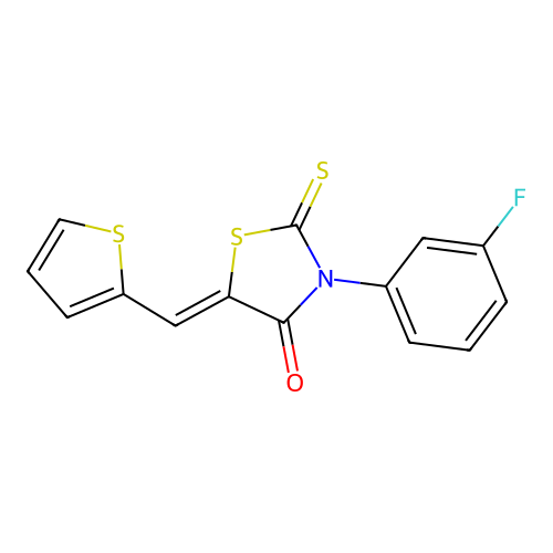 (Z)-3-(3-fluorophenyl)-5-(thiophen-2-ylmethylene)-2-thioxothiazolidin-4-one structure