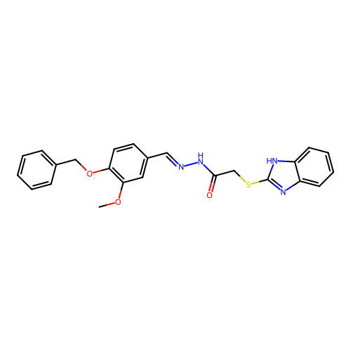 (E)-2-((1H-benzo[d]imidazol-2-yl)thio)-N'-(4-(benzyloxy)-3-methoxybenzylidene)acetohydrazide structure