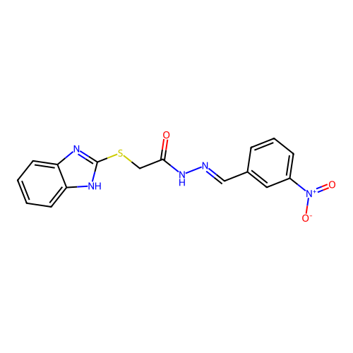 N-[(1E)-2-(3-nitrophenyl)-1-azavinyl]-2-benzimidazol-2-ylthioacetamide structure