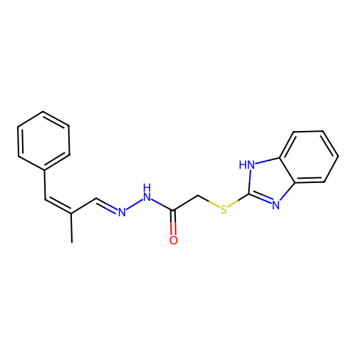 (E)-2-((1H-benzo[d]imidazol-2-yl)thio)-N'-((Z)-2-methyl-3-phenylallylidene)acetohydrazide structure