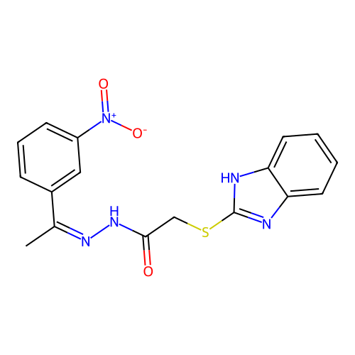 (Z)-2-((1H-benzo[d]imidazol-2-yl)thio)-N'-(1-(3-nitrophenyl)ethylidene)acetohydrazide structure