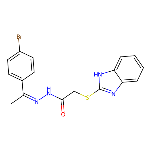 (Z)-2-((1H-benzo[d]imidazol-2-yl)thio)-N'-(1-(4-bromophenyl)ethylidene)acetohydrazide structure