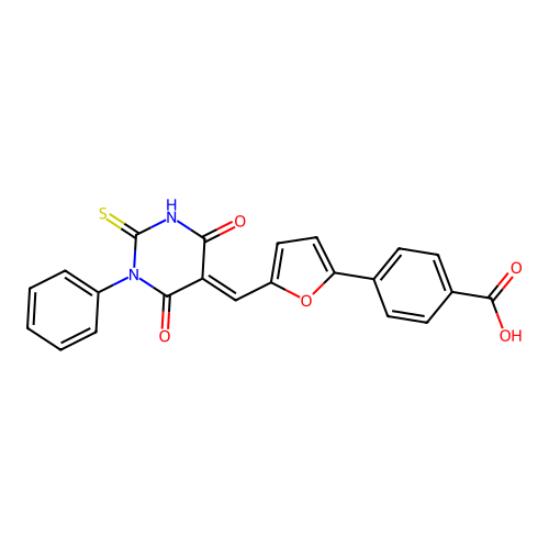 (E)-4-(5-((4,6-dioxo-1-phenyl-2-thioxotetrahydropyrimidin-5(2H)-ylidene)methyl)furan-2-yl)benzoic acid structure