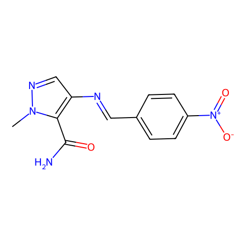 1-methyl-4-{[(E)-(4-nitrophenyl)methylidene]amino}-1H-pyrazole-5-carboxamide structure