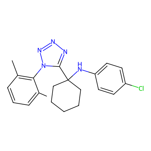 4-chloro-N-(1-(1-(2,6-dimethylphenyl)-1H-tetrazol-5-yl)cyclohexyl)aniline structure