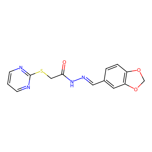N-[(E)-1,3-benzodioxol-5-ylmethylideneamino]-2-pyrimidin-2-ylsulfanylacetamide structure