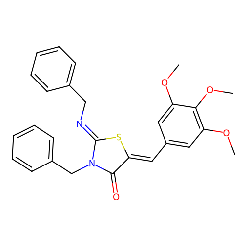(2E,5Z)-3-benzyl-2-(benzylimino)-5-(3,4,5-trimethoxybenzylidene)thiazolidin-4-one structure