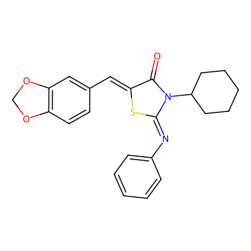 (2E,5Z)-5-[(2H-1,3-BENZODIOXOL-5-YL)METHYLIDENE]-3-CYCLOHEXYL-2-(PHENYLIMINO)-1,3-THIAZOLIDIN-4-ONE structure