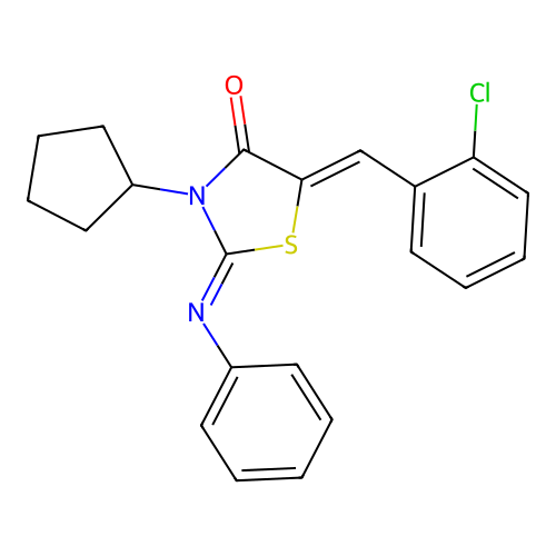 (2E,5Z)-5-(2-chlorobenzylidene)-3-cyclopentyl-2-(phenylimino)thiazolidin-4-one structure
