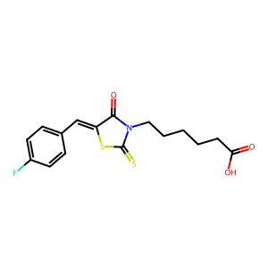 6-[(5Z)-5-[(4-fluorophenyl)methylidene]-4-oxo-2-sulfanylidene-1,3-thiazolidin-3-yl]hexanoic acid structure