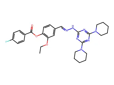 (E)-4-((2-(4,6-di(piperidin-1-yl)-1,3,5-triazin-2-yl)hydrazono)methyl)-2-ethoxyphenyl 4-fluorobenzoate structure