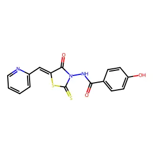 4-hydroxy-N-[(5Z)-4-oxo-5-(pyridin-2-ylmethylidene)-2-thioxo-1,3-thiazolidin-3-yl]benzamide structure