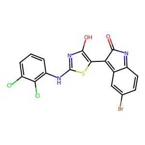 (3Z)-5-bromo-3-{(2E)-2-[(2,3-dichlorophenyl)imino]-4-oxo-1,3-thiazolidin-5-ylidene}-1,3-dihydro-2H-indol-2-one structure