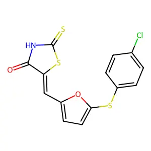 (5E)-5-[[5-(4-chlorophenyl)sulfanylfuran-2-yl]methylidene]-2-sulfanylidene-1,3-thiazolidin-4-one structure