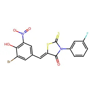 (5E)-5-[(3-bromo-4-hydroxy-5-nitrophenyl)methylidene]-3-(3-fluorophenyl)-2-sulfanylidene-1,3-thiazolidin-4-one structure